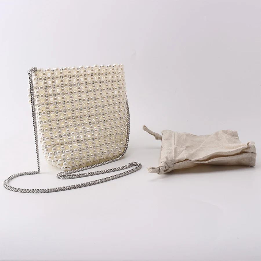 ZA New Pearl Beaded Bag White Beaded Fairy Portable Messenger Bags with Chain Female Purses and Handbags Cross Body Bag Woman