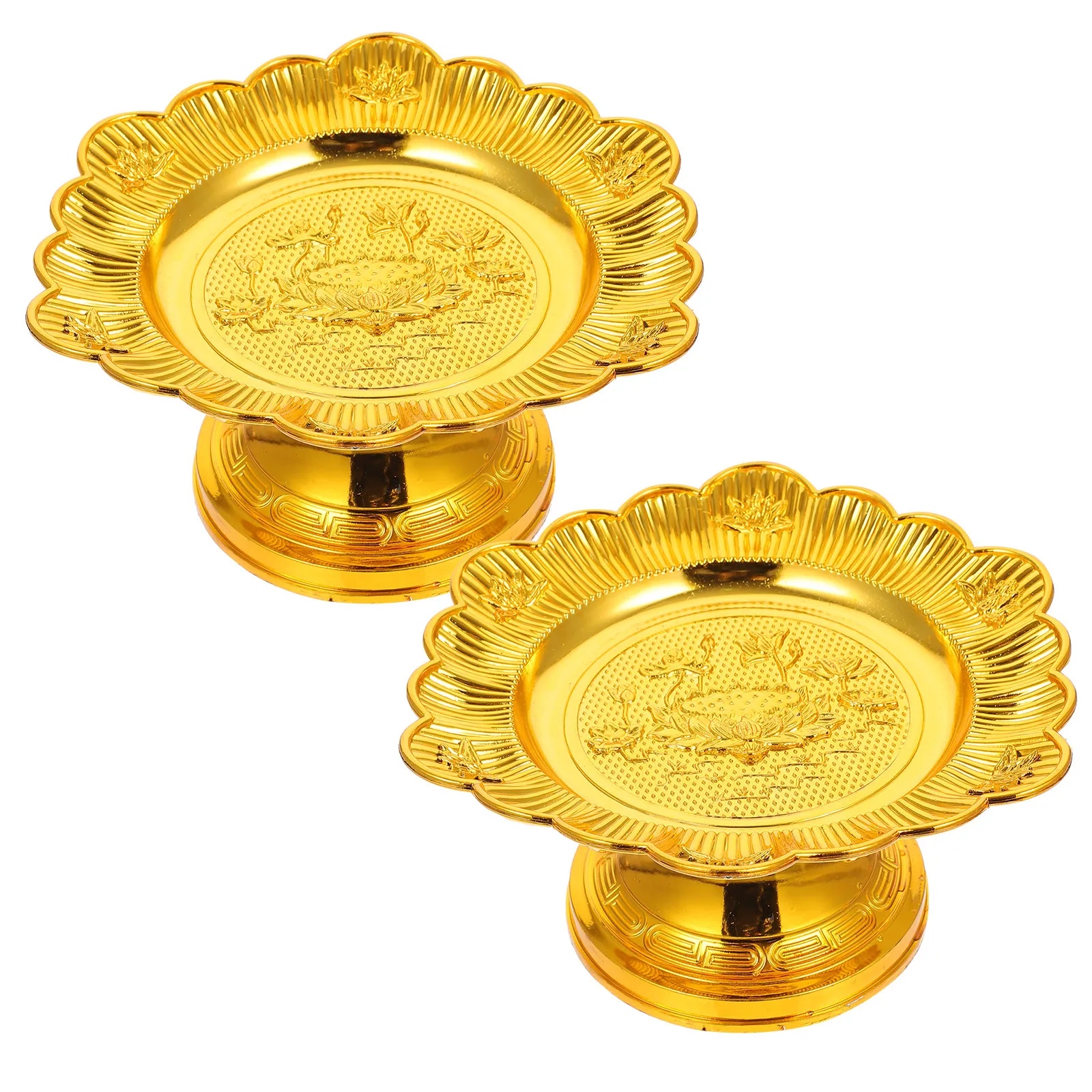 2Pcs Religious Lotus Symbol Fruit Footed Dish Buddhist Plate Temple Fruit Tray Buddha Tribute Service Pedestal Cake Stand