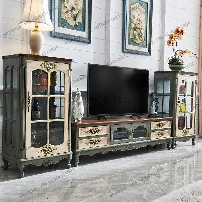 PG Solid Wood TV Stand Coffee Table Retro Living Room Furniture Small Apartment Media Console Floor Cabinet Mediterranean Style