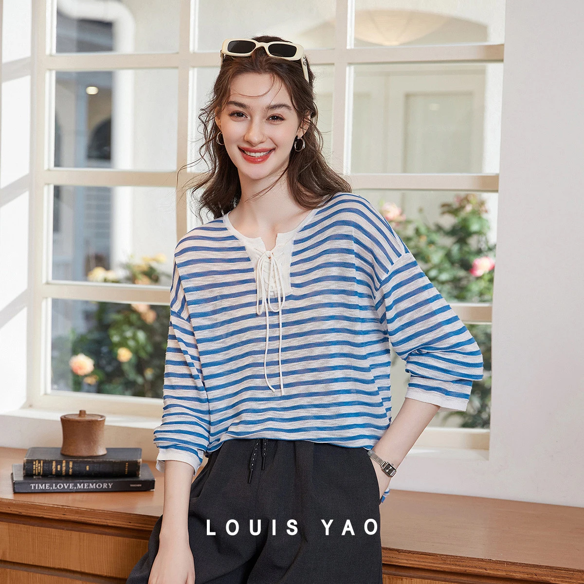 LOUIS YAO Relaxed‑Fit Striped Women's Knit Sweater 2026 Summer Neck Tie‑Detail Loose Women Knit Top  for Women