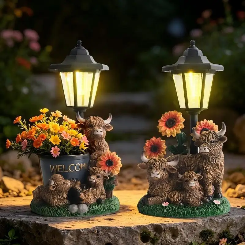 New Highland Cow Planter Solar Light,Waterproof LED Garden Yard Ornament Outdoor Lawn Patio Gardening Decor Gift
