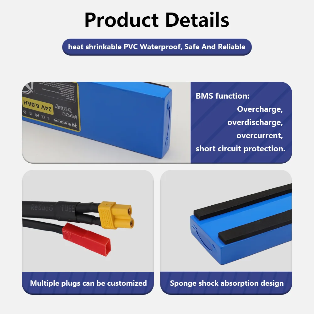 بطارية سكوتر كهربائي Reoaoone 24 فولت 6000 مللي أمبير في الساعة - حزمة ليثيوم خفيفة الوزن طويلة المدى مع BMS مدمجة وحماية آمنة