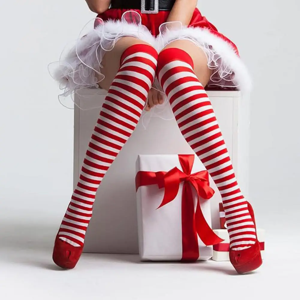 1 Pair Striped Stockings Green White Contrast Color Anti-slip Over Knee Length Christmas Stockings Stage Party Long Thigh Socks