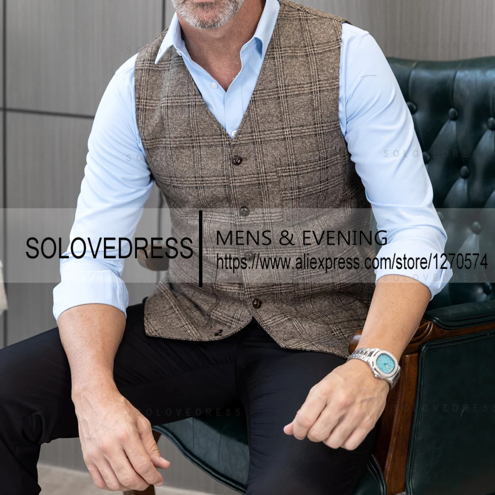 New Plaid Suit Vest For Men Wool Tweed Casual Waistcoat Formal Business Vest For Groomsmen ForWedding