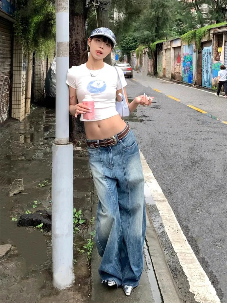 

American Vintage Wide Leg Jeans Women Loose Slimming Frayed Design Tall Extended Length Loose Fit Bootcut Trousers