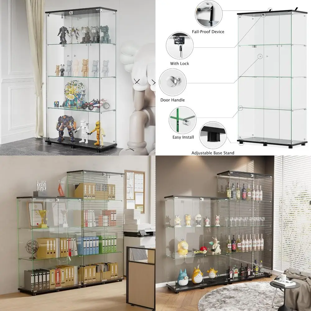 

Напольный стеклянный шкаф-витрина с 4 полками и двойными дверями для гостиной, спальни или офиса, 64 x 31