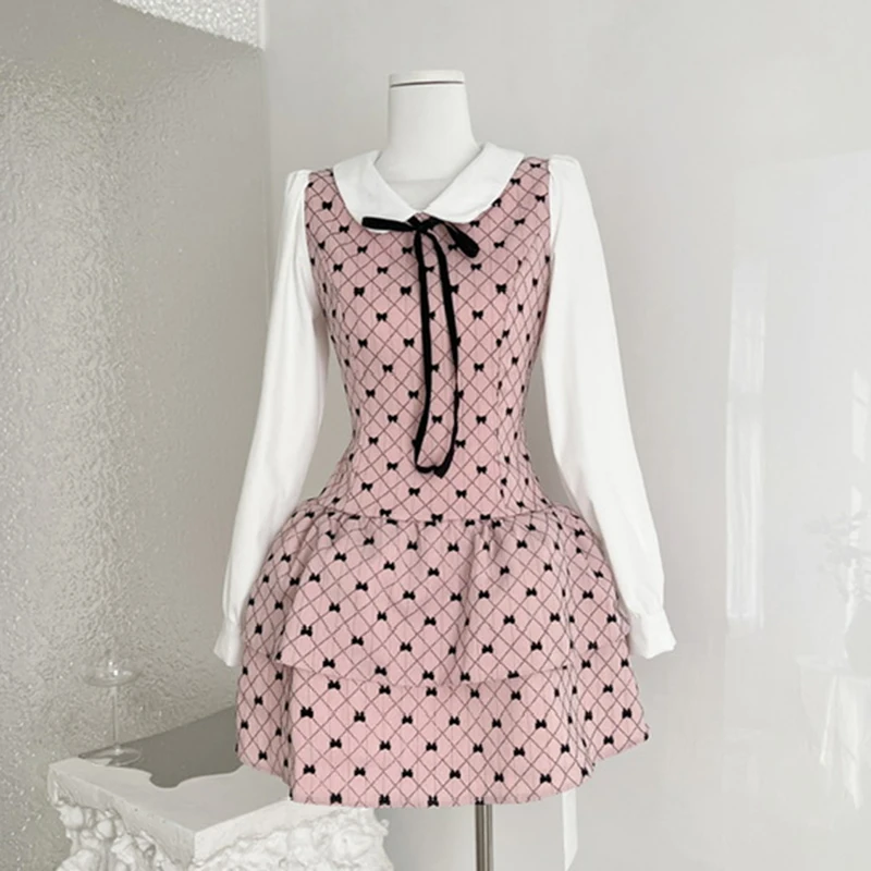 

Pink Bow Printed Girls Gift Dress Sweet Doll Collar Long Sleeve High Waist Ball Gowns Elegant Evening Party Zip-up Mini Dress