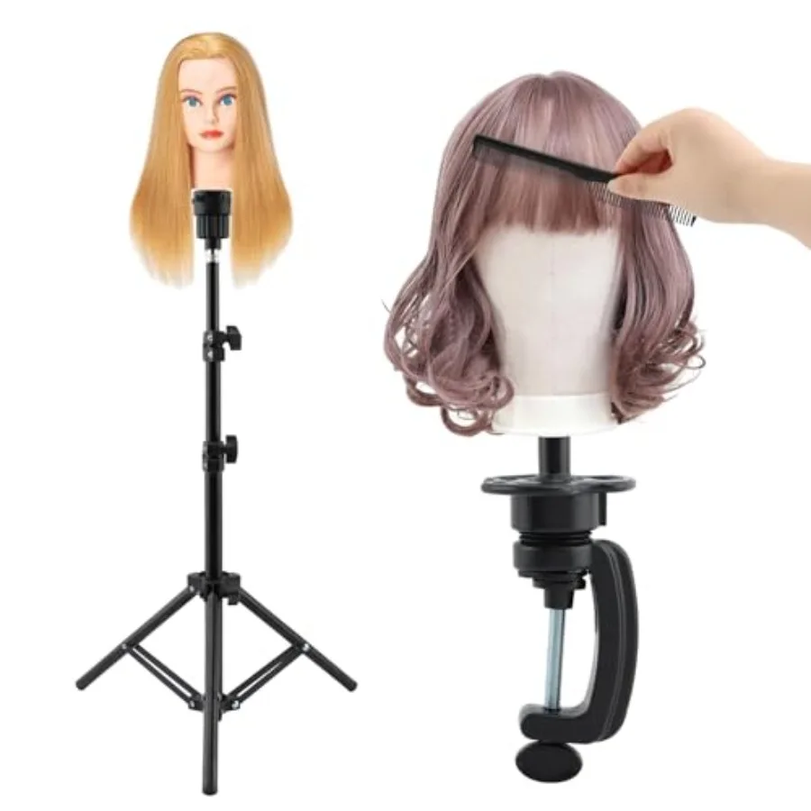 حامل شعر مستعار ثلاثي القوائم قابل للتعديل مع حامل مشبك للتدريب على التجميل وتصفيف الشعر، حقيبة تخزين محمولة متضمنة Su