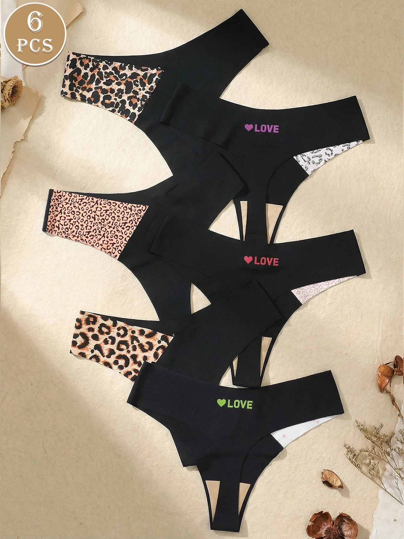 6Pcs Leopard Print Seamless Thongs for Women No Show Invisible V-Waist Soft Stretch Underwear Multi-Pattern Panties
