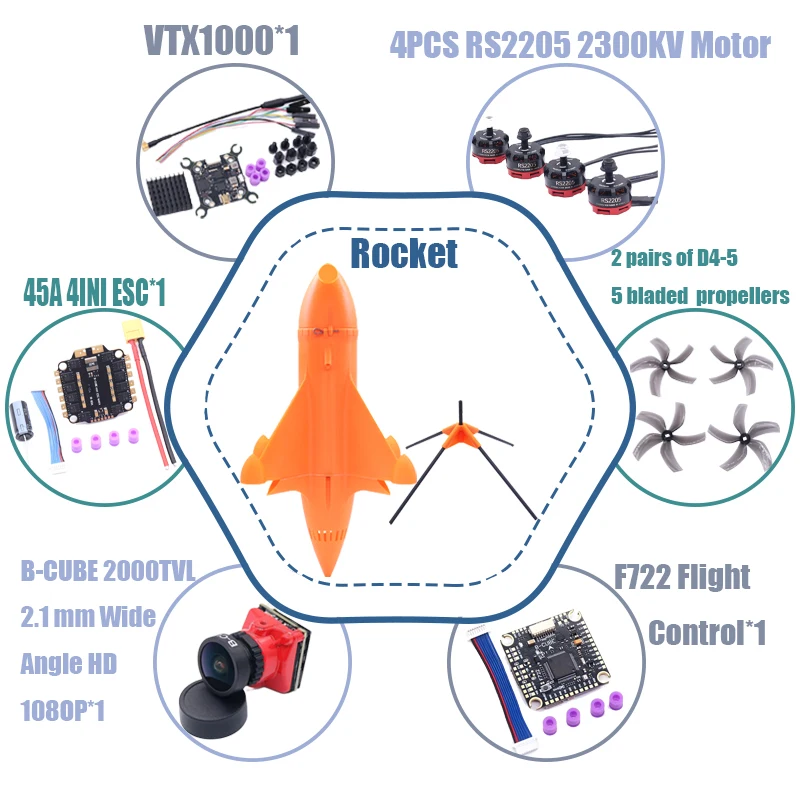 

B-CUBE Rocket 5inch FPV Drone Frame Kit Carbon Fiber Racing Drone Quadcopter Freestyle INAV Beatflight F722 Ardupilot PX4 Flight