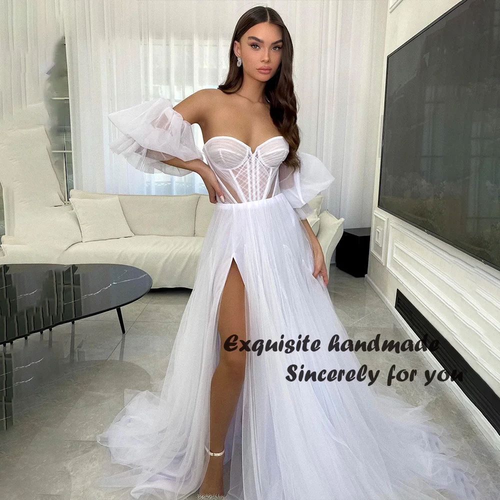 

White A Line Wedding Dresses Bone Corset Sweetheart Bohemian Bride Dress Soft Tulle Long Beach Wedding Party Dress Lace Up