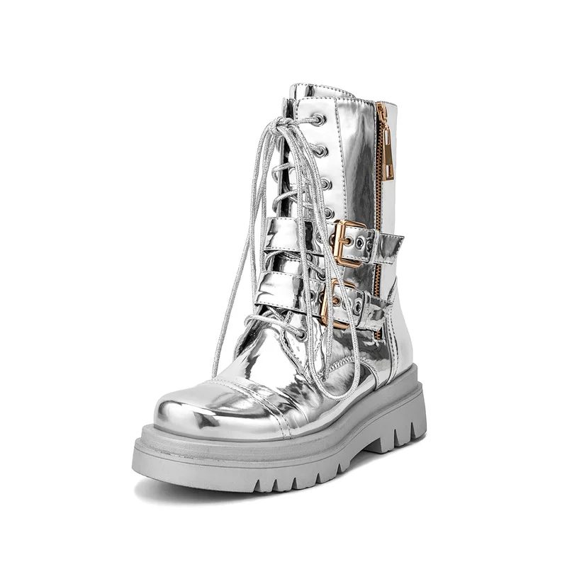 2026 Silver Belt Buckle Cross Strap Rhinestone Short Boots Casual Motorcycle Thick Sole Knight Boot Women Winter Silver Shoes