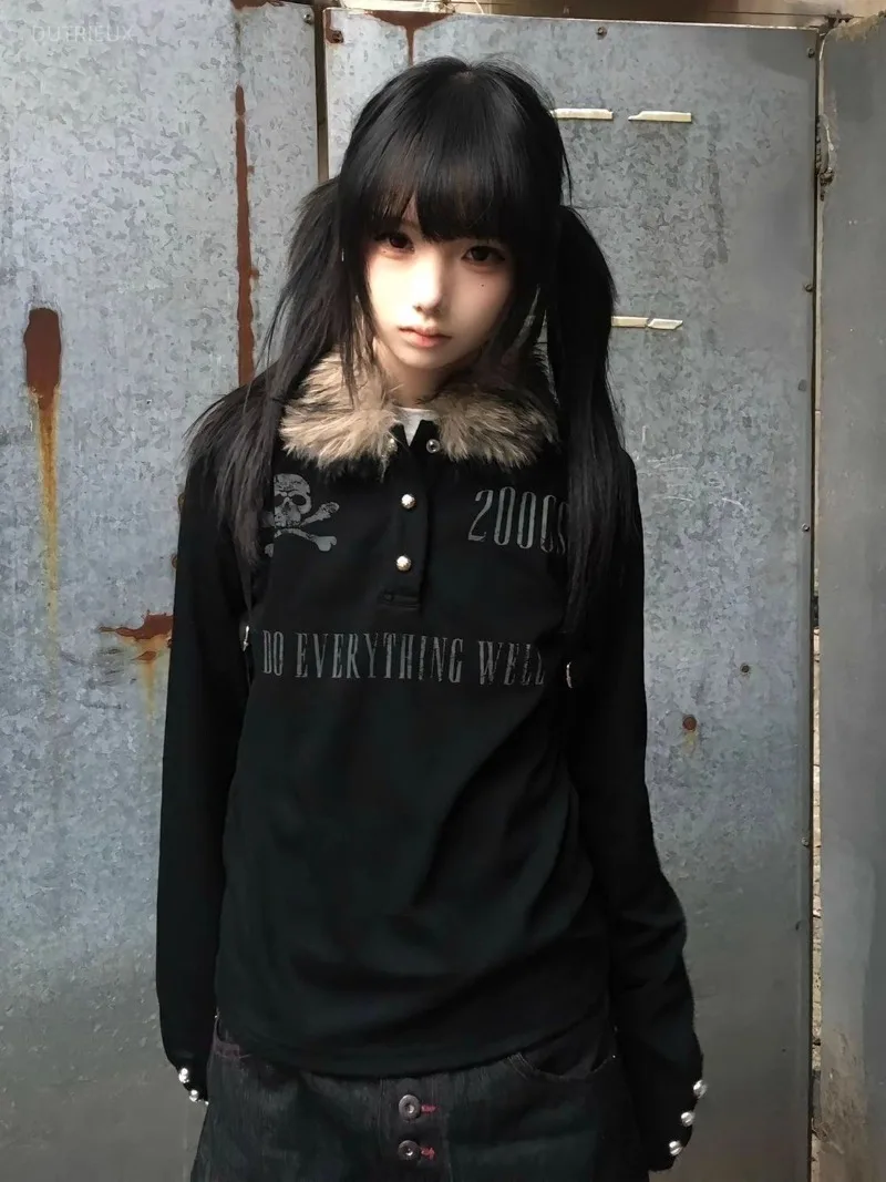 American Vintage Buttons Designspliced Fur Pullover Y2k Subcultural Letter Print Women Looose Shirts High Street Punk Lazy Tops