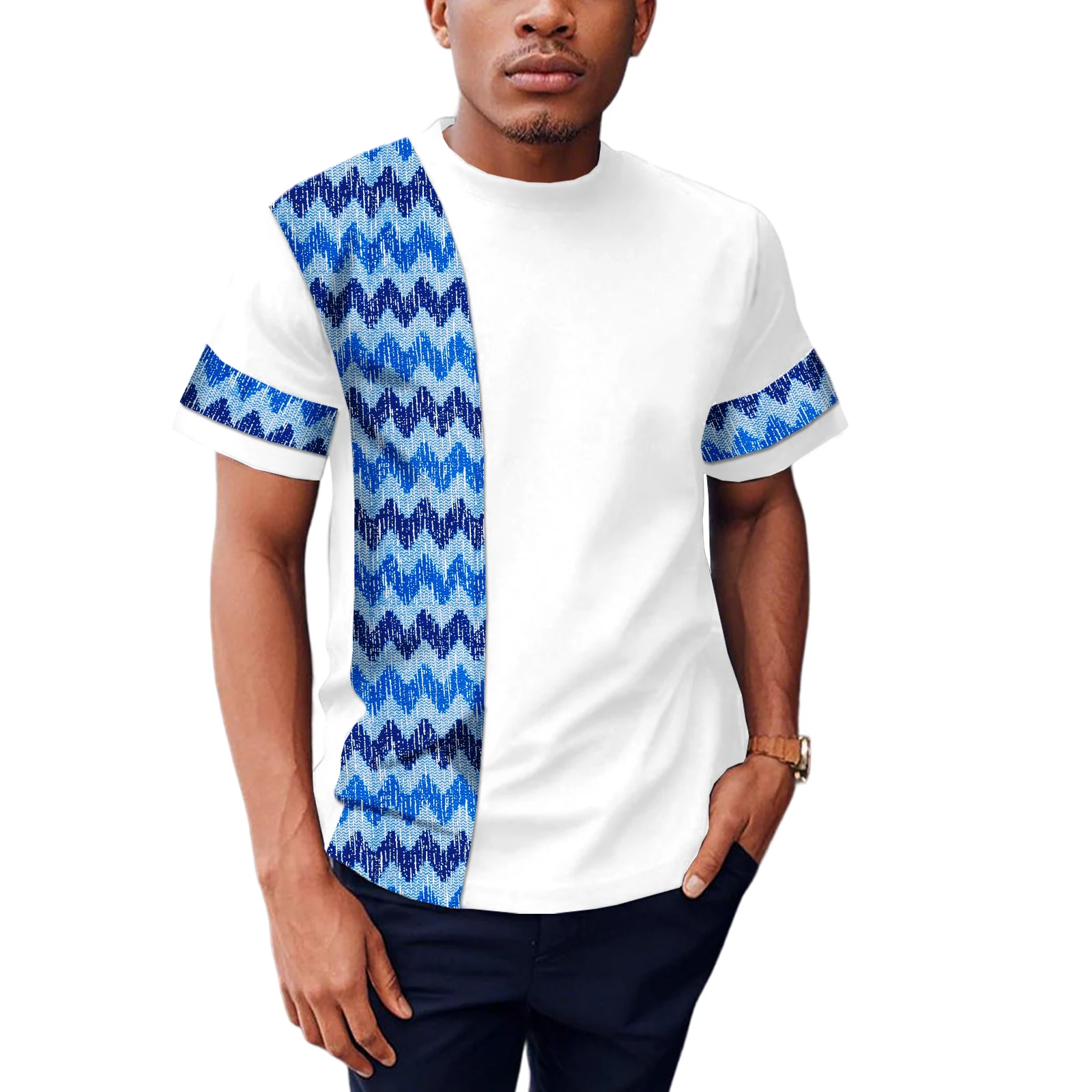 

SEA&ALP Men's African Shirts Ankara Kente Pattern Printed Dashiki Traditional Patchwork Breathable Short Sleeve Casual T-Shirt