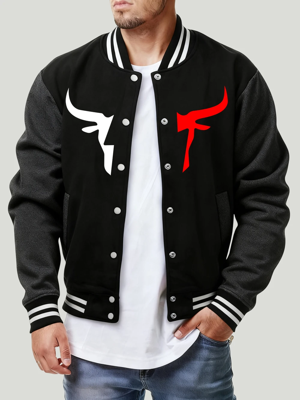 

Bull'S Head Designprinting Jackets Men Autumn Loose Baseball Jersey Casual Comfortable Coats Basics Pocket Fleece Warm Clothes