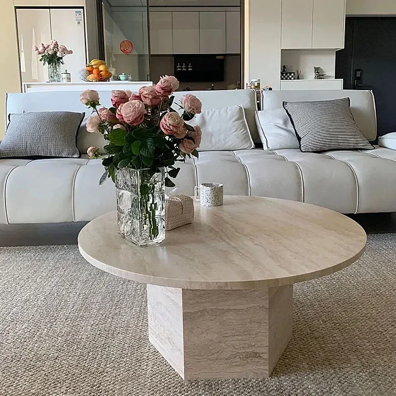 

Wabi Sand Wind Natural Travertine Coffee Table Small Apartment Living Room Personalized Creative Round Tea Table Simple Marble