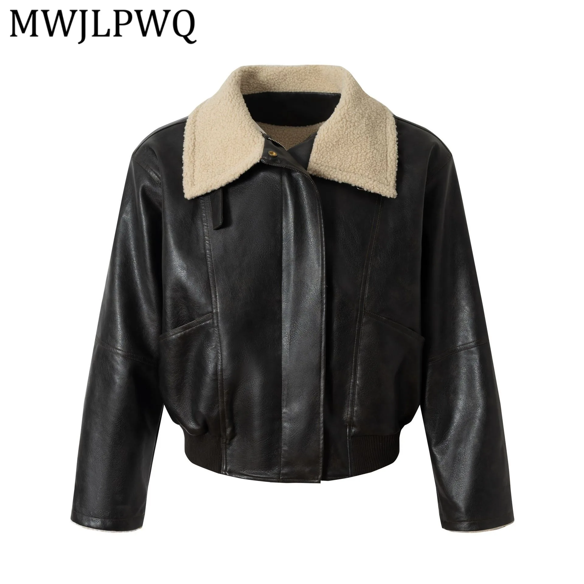 

MWJLPWQ Trend Winter Fur Collar Motorcycle Leather Jacket Men's American Street Style Lapel Long Sleeve Casual Cotton Coat 13183