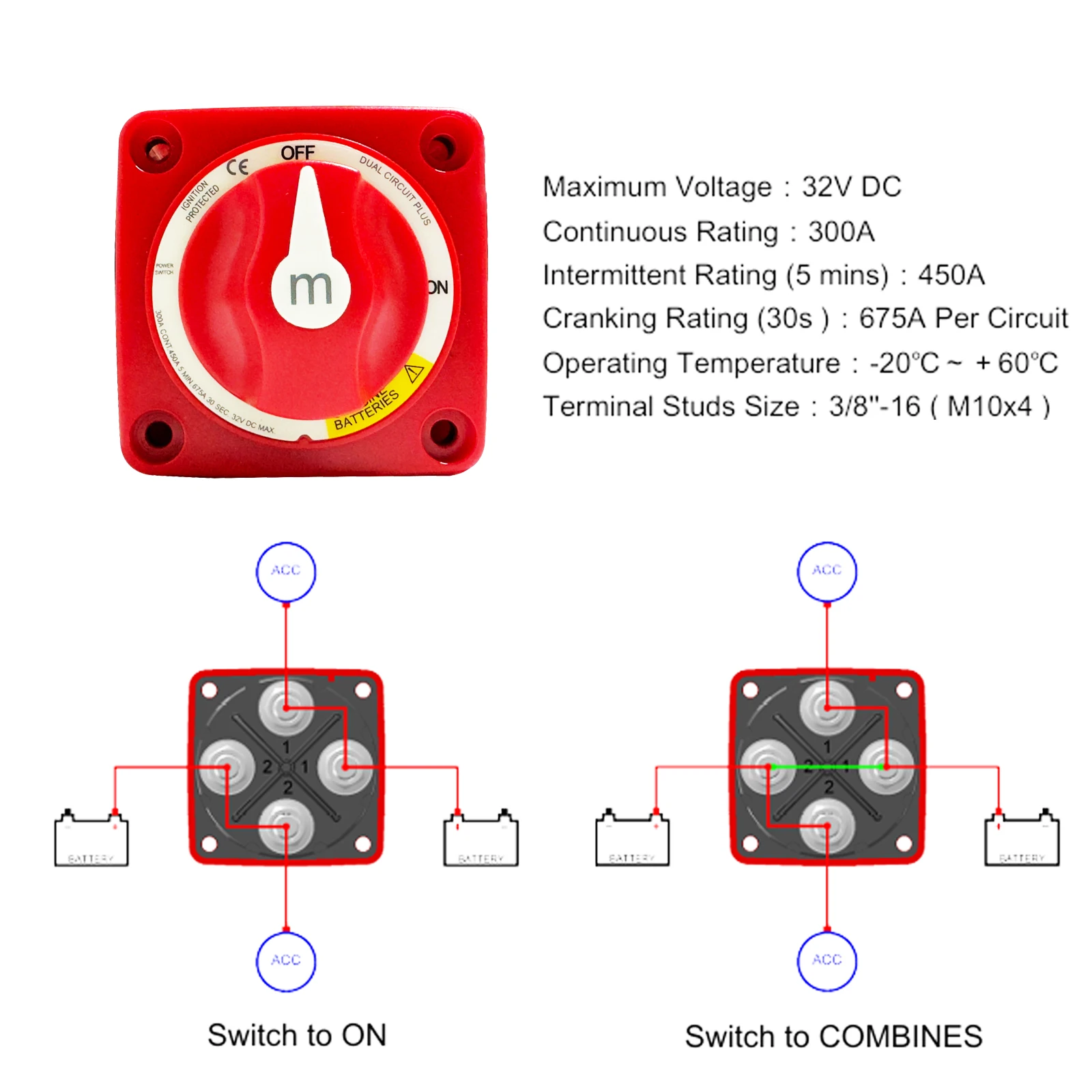 Dual Circuit Battery Disconnect Switch 32V 300A DC with Knob Hazard Marine Boat Battery Switch High Current On Off RV Car Yatch