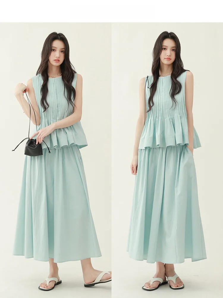 

Retro Mint een Svel Vest Top Mid-Length Outerwear Set Summer CHACHASTU Women's Commute Sle Ry Fiber Blend