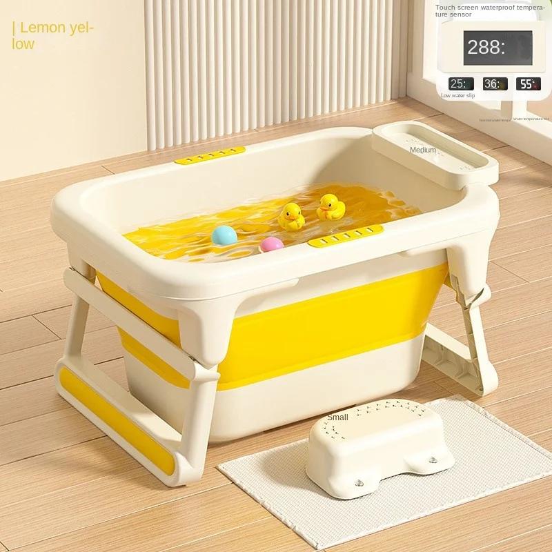 Temperature Display Baby Bathtub with Cushion Support Foldable Bath Bucket Silicone for Shower At Travling or Bathroom Portable