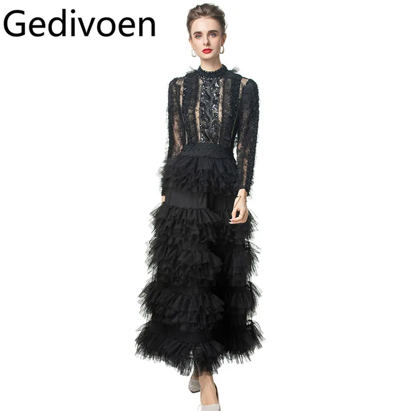 Gedivoen vestido feminino de malha com lantejoulas e miçangas, manga comprida, babados em camadas, nova moda, vestido de baile grande com cinto