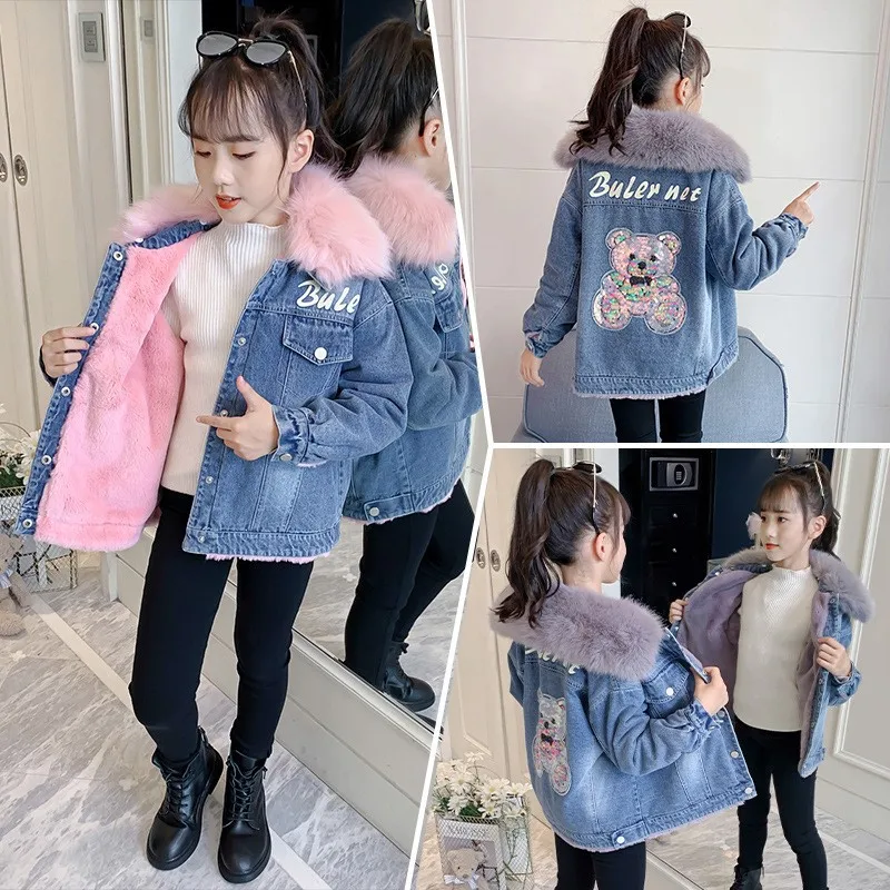 RAISE Korean Winter Toddler Girl Denim Jacket Cartoon Shine Bear Velvet Baby Girl Outerwear Coat Children Kids Girl Hooded Parka