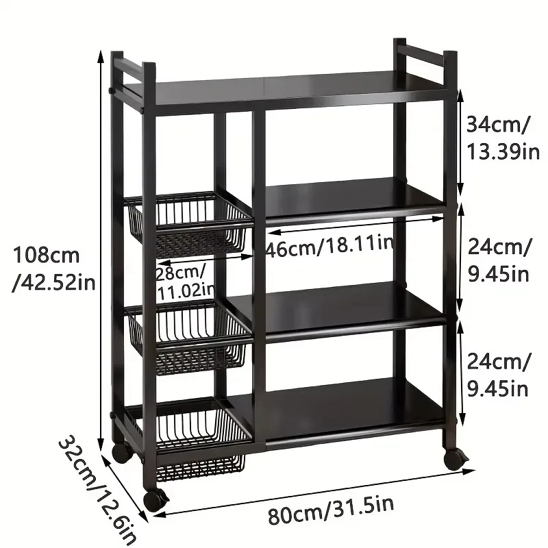 1pc Mobile Storage Rack, Adjustable 4-Tier Kitchen Shelf with 3 Wire Baskets, Kitchen Organizer and Storage Kitchen Accessories