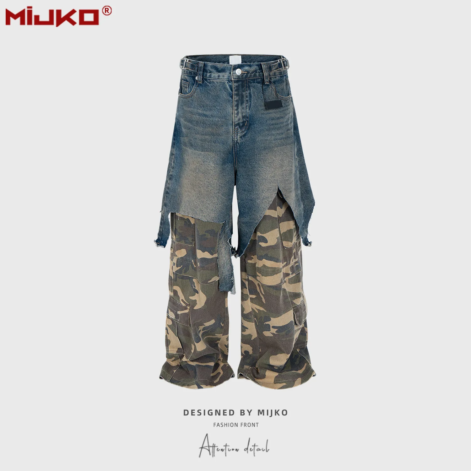 MIJKO High Street Wasteland Style Camouflage Patchwork Cargo Pants Unisex Straight Multi-Pocket Color Block Jeans