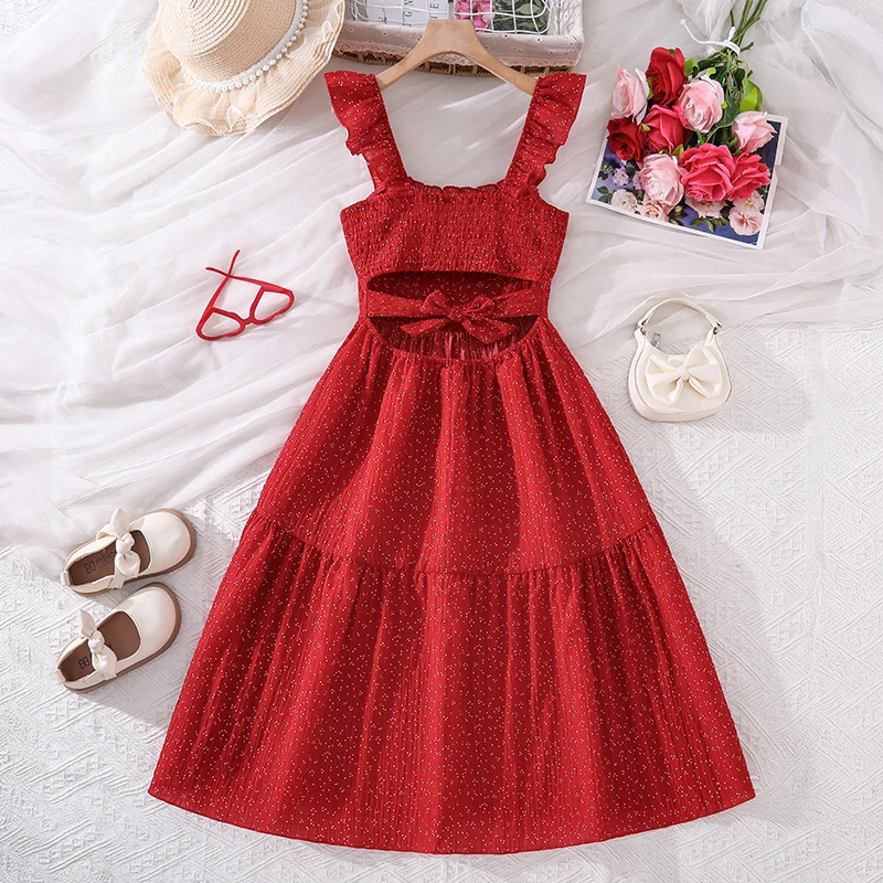 Ruffle Strap Red Speckled Dress for Girls 8-12, Summer Daily A-Line Tiered Skirt with Back Bow Decor Sundress
