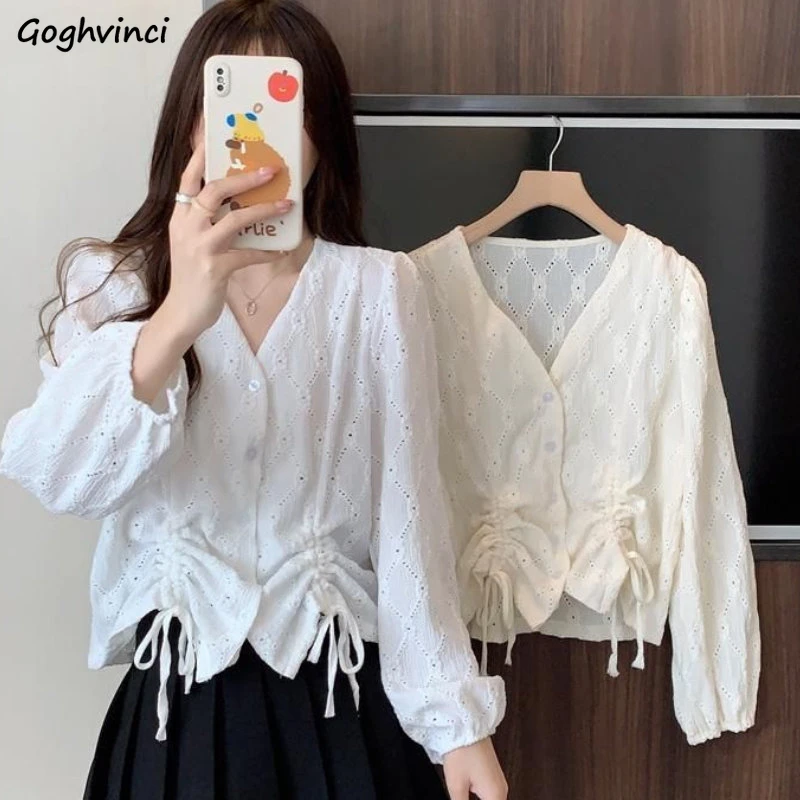 Elegant Shirts Women Shirring Single Breasted V-neck Leisure Tops Stylish Blouse Popular Personality Simple Loose Daily Youthful