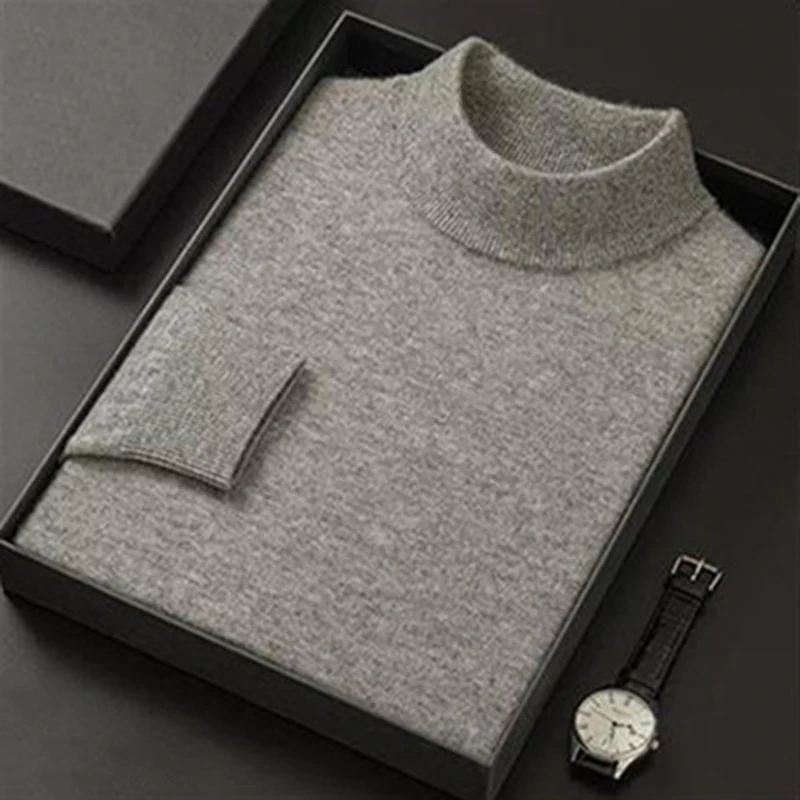 

New 2023 Men's Mock Collar 100% Pure Woolen Sweater Tops Autumn Winter Cashmere Sweater Men Pullover Knitted Warm Sweater Male