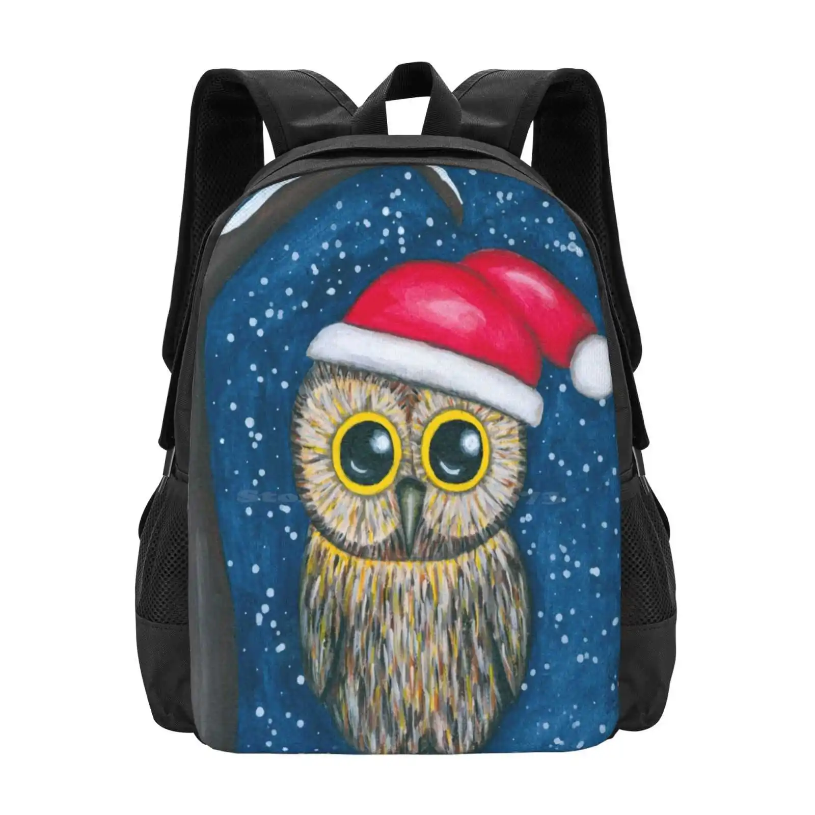 Owly Night Pattern Design Bagpack School Bags Xmas Tree Snow Cute Cutness Holidays Love Santa Hat Christmassy Whimsical Animal