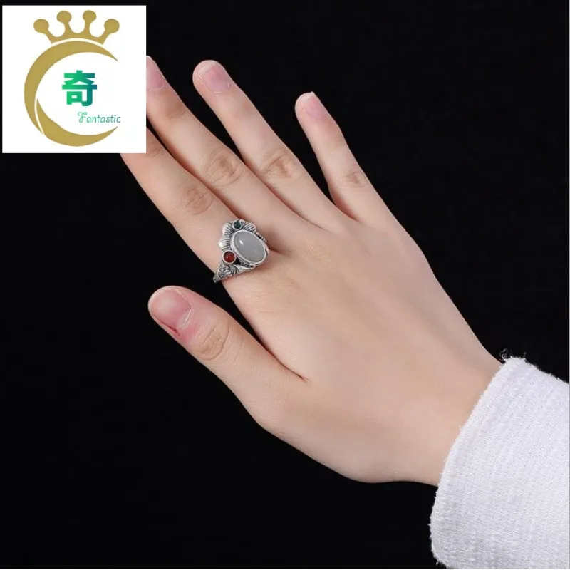 New Chinese Inlaid White Stone Adjustable Opening Ring, Lotus Leaf Retro White Ring for Men  Women Gift  Men Jewerly