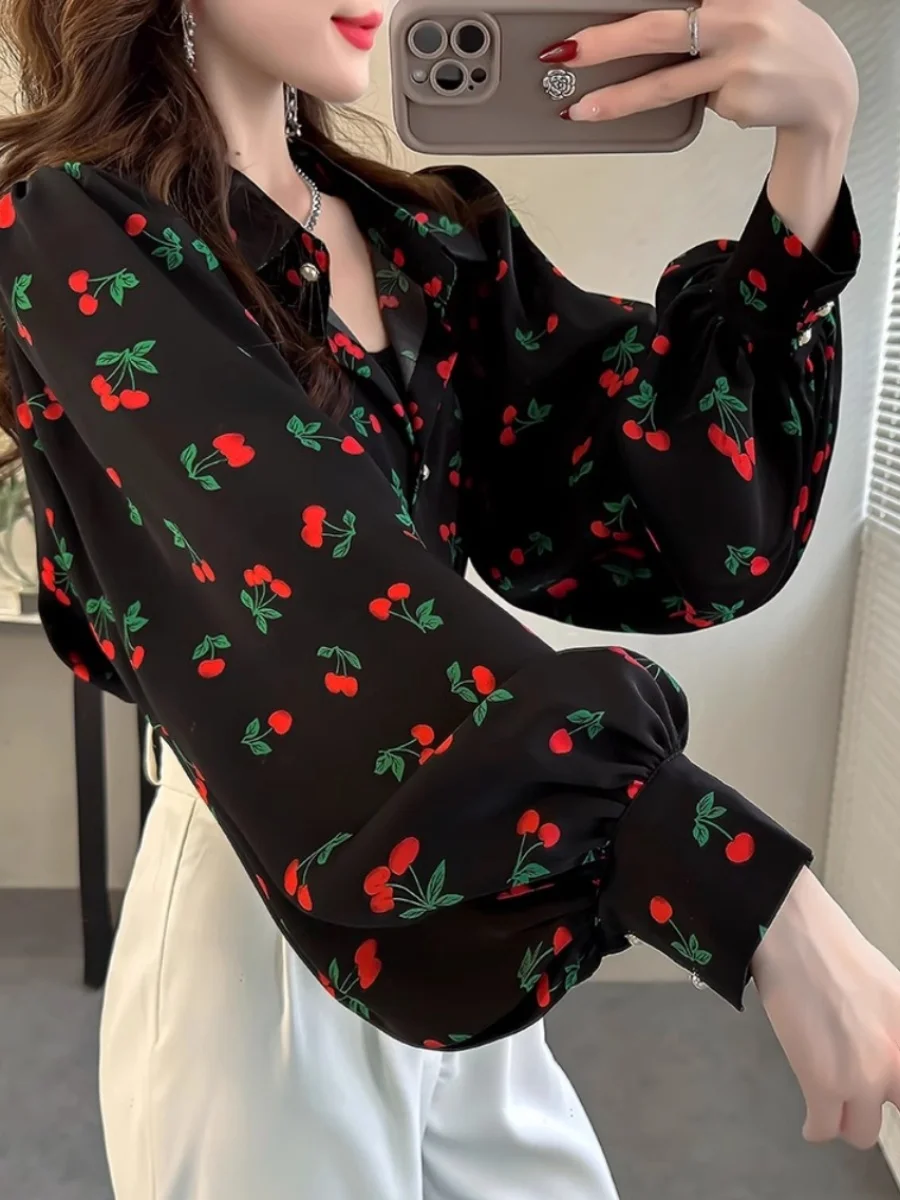 

Chic Cherry Print Women's Shirt Loose Lantern Sleeve Fashionable Ageless Versatile Polyester Fiber Korean Style Long Sleeve