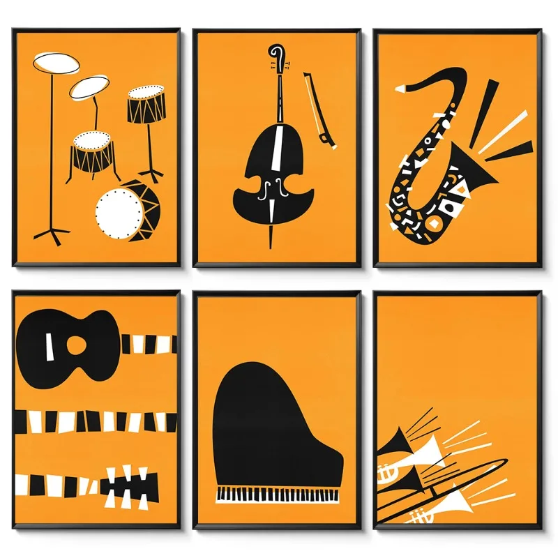 1pc frameless Canvas Painting Jazz Music Retro Instrument Poster Mid Century Minimalist Wall Art Guitar Piano Drums Canvas Paint