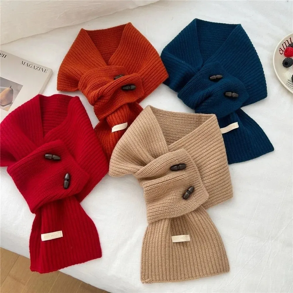 

Pure Color Knitted Scarf with Plug Warm Neck Protection Horn Button Small Neck Warmer Simple Style Versatile for Autumn Winter