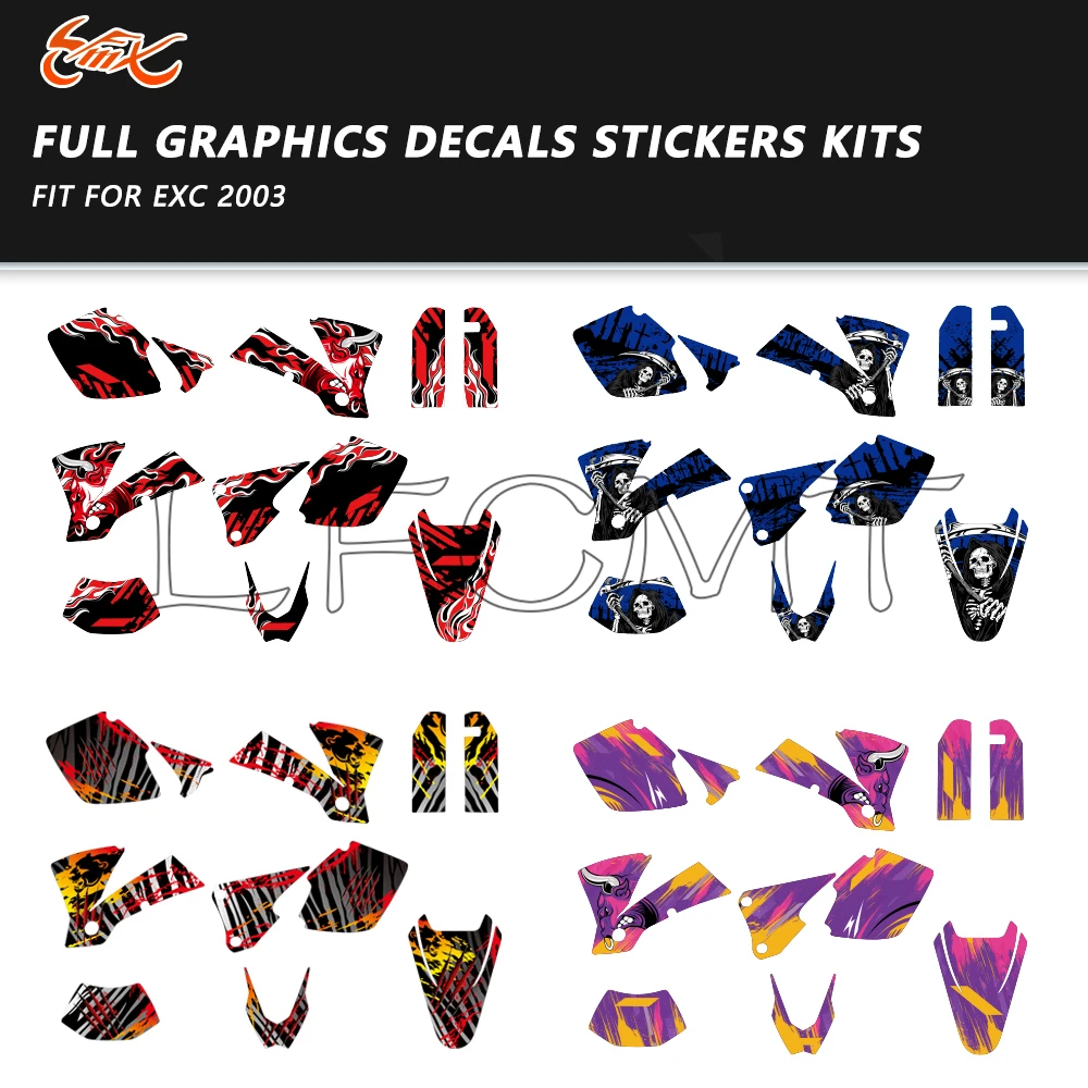

Full Set of Decor Graphics Decals Stickers Kit Motorcycle Background Fit for EXC 125 200 250 300 380 400 520 2003 Custom Number