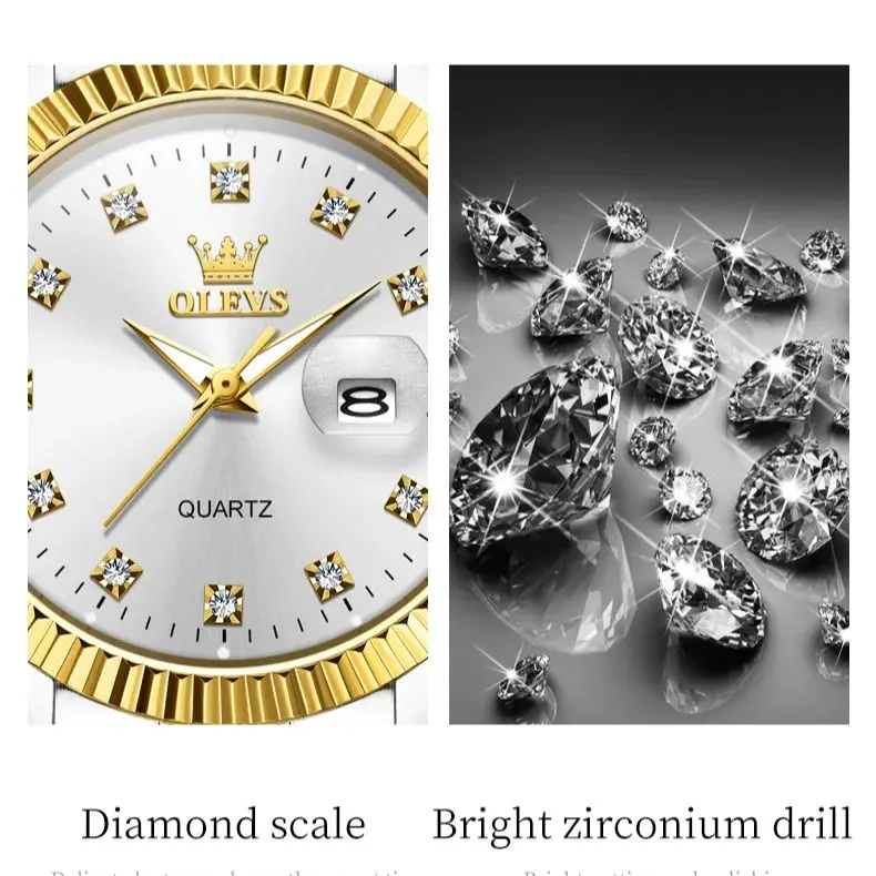 Olevs Nieuwe Dameshorloges Diamanten Auto Datumwijzerplaat Waterdicht Klassiek Origineel Merk Polshorloge Voor Vrouwen Goud Wit Horloge