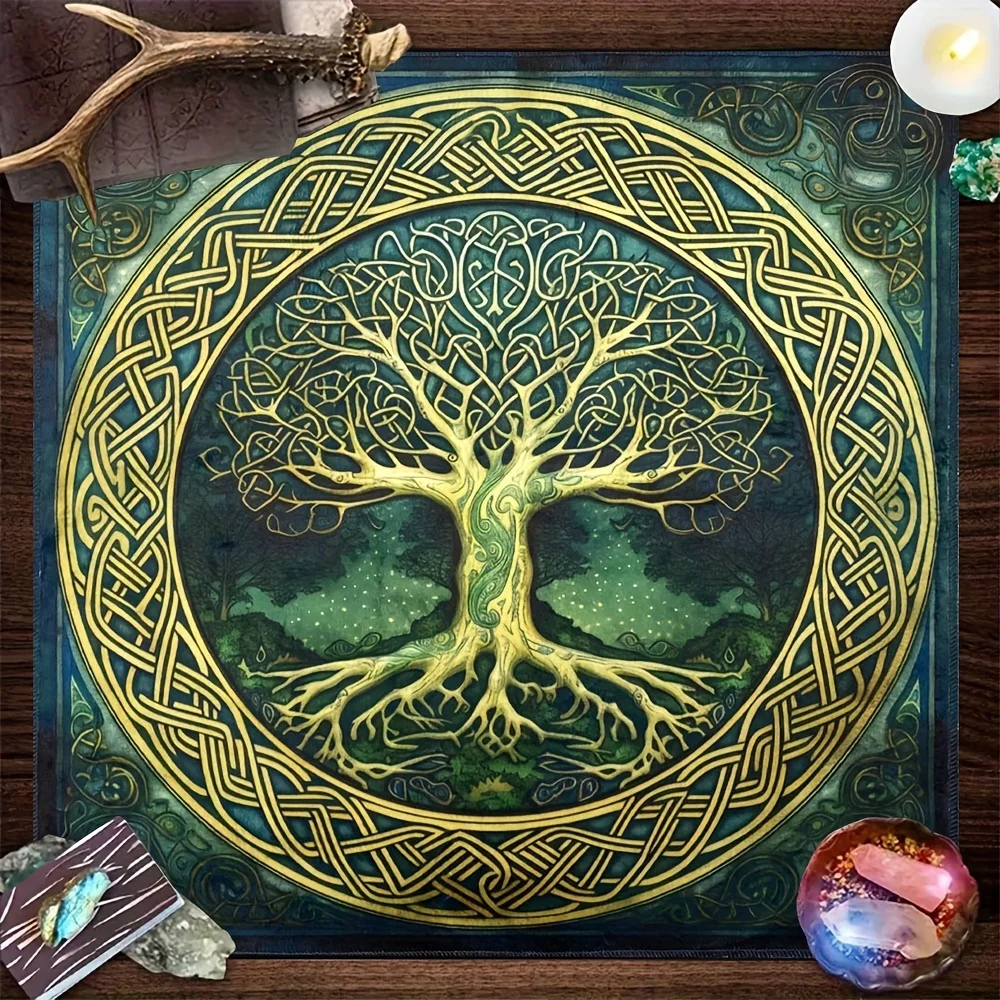 Tree of Life Tarot Tablecloth - Lunar Phases & Sun God Altar Design for Witchcraft, Tarot, Dorm Decor