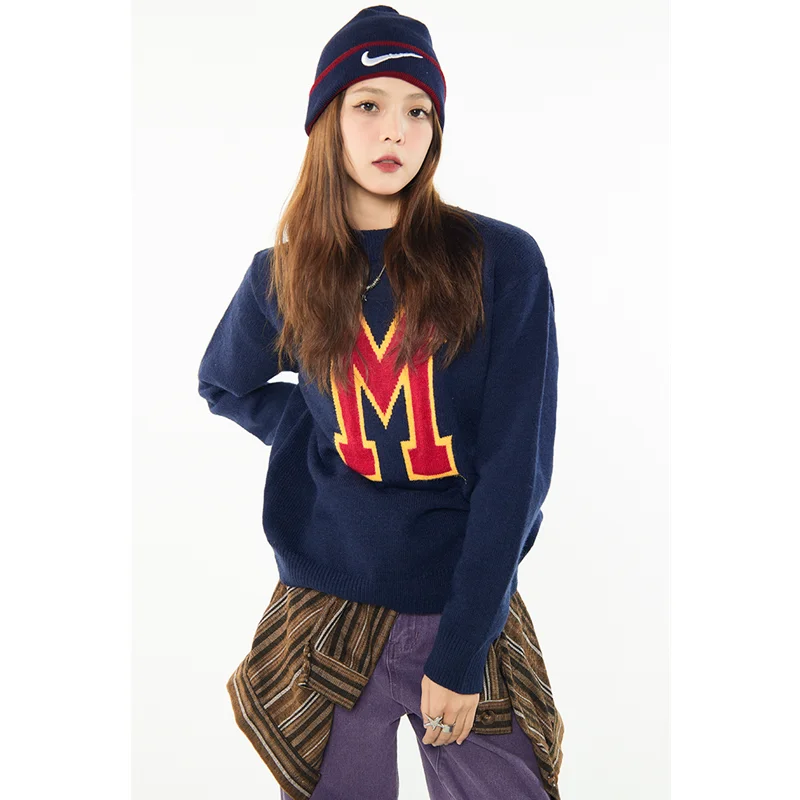 Women Navy Blue Sweater Letter Fashion Vintage Leisure Lazy Wind Winter Cashmere Thicken Warm Long Sleeve Knitting Pullover