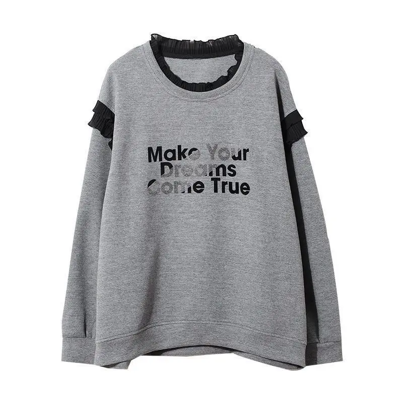 Wood Ear Edge Letter Autumn New Hot Diamond Top 2023 Loose Classic Fashion All-match Slim Casual Grey Sweatshirts Women