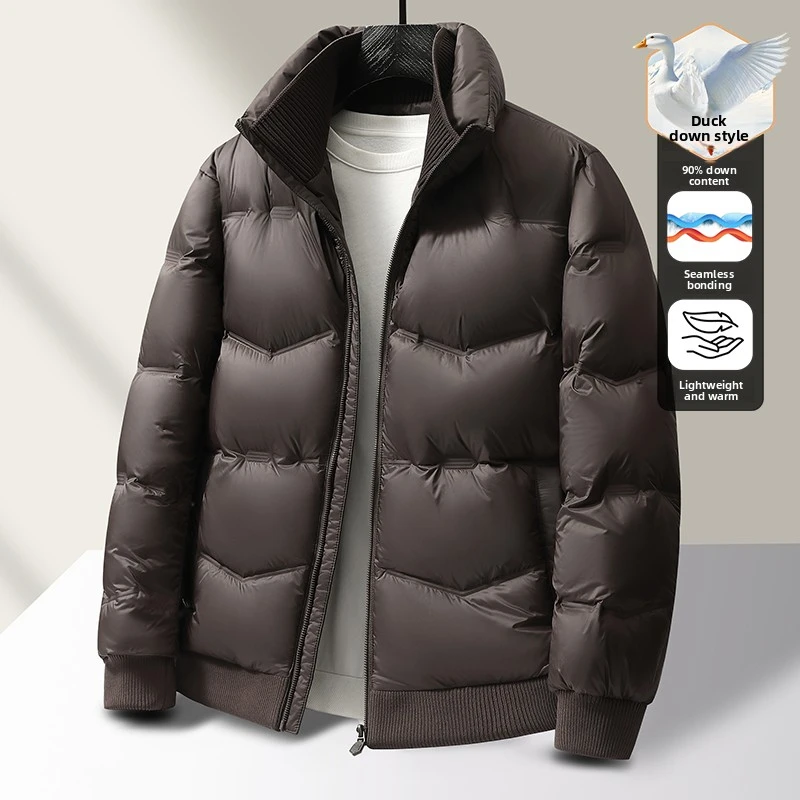Men 90% Duck Down Jacket Stand Collar Seamless Press‑Glue Windproof Water‑Resistant Warm Winter Puffer Coat Ribbed Hem Cuffs