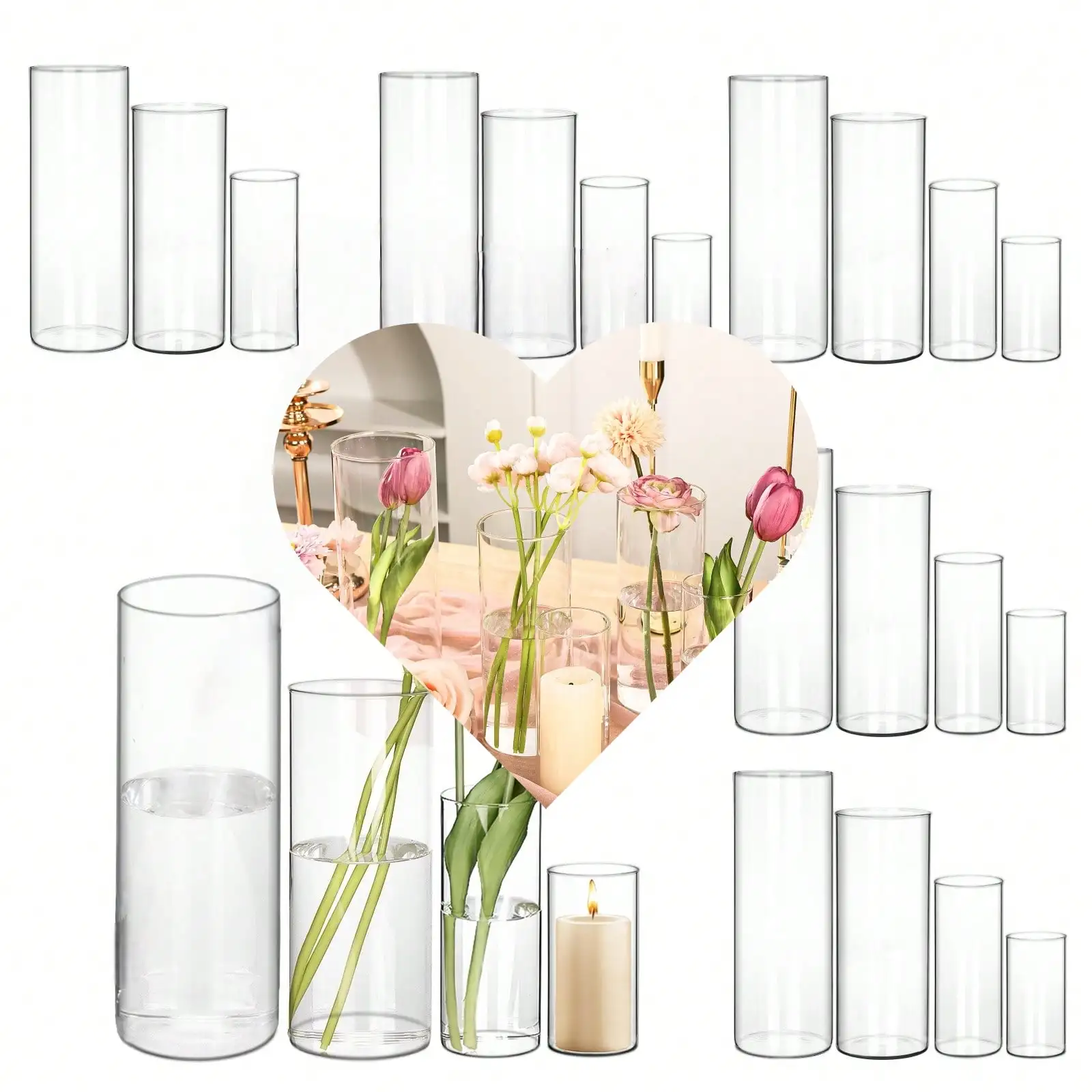 Clear Glass Cylinder Vases, 24/36/48/72 Pcs, 4/6/8/10 Inch Tall, for Centerpieces, Flower Arrangements, Floating Candle Holders,