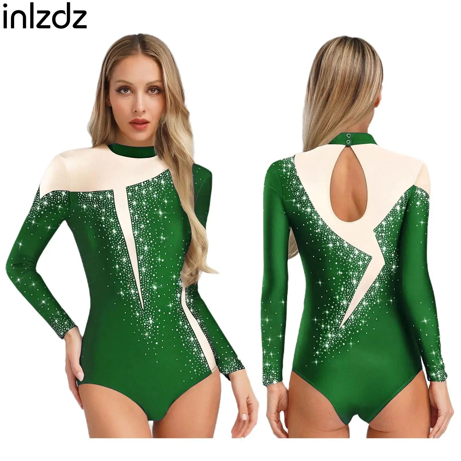 

Womens Rhinestones Gymnastics Dance Leotard for Swimsuit Long Sleeve Sheer Mesh Bodysuit Ballet Figure Skating Performance Wear