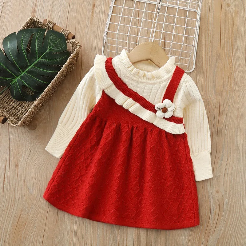 Children's jumper pay homage New Year models red little girl dress weekly Christmas dress children's clothing  knitted  skirt