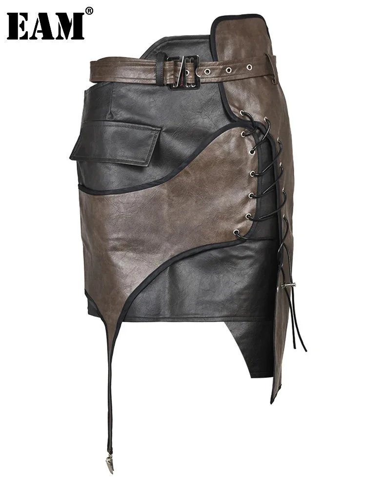 [EAM] High Waist Belted Brown  Irregular Pu Leather String Half-body Skirt Women Fashion Tide New Spring Autumn 2024 1DE422916