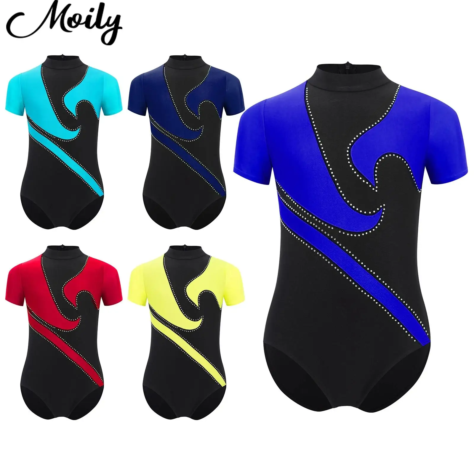 

Color Block Kid Boy Breathable Gymnastics Bodysuit Short Sleeve Ballet Leotard One Piece Swimsuit for Figure Skating Performance
