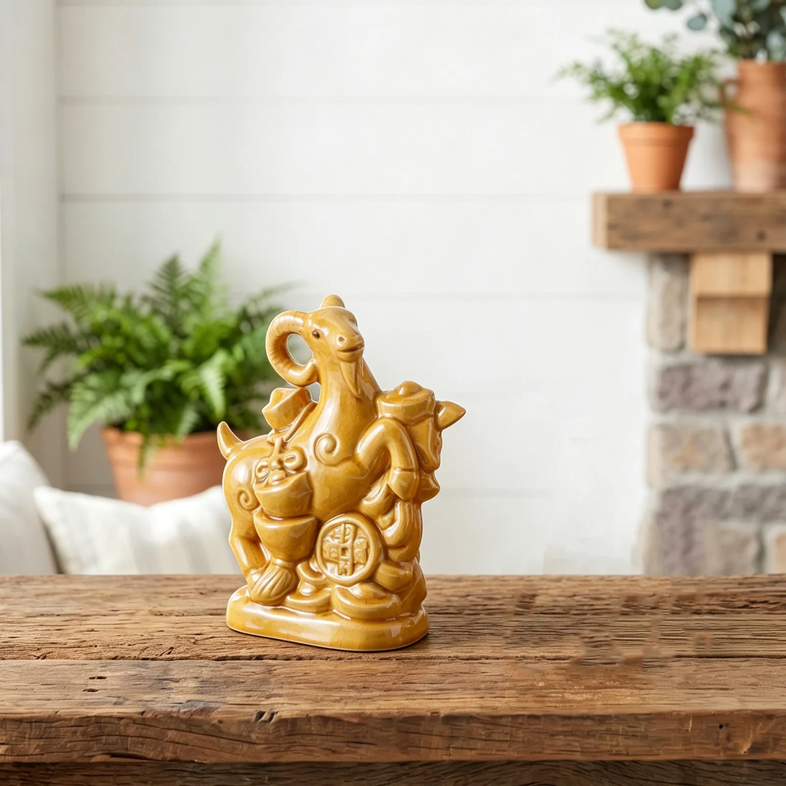 Chinese New Year 2027 Zodiac Statue Handmade Ceramic Goat Ornament Vintage Glaze Prosperity Symbol for Home Office Desktop