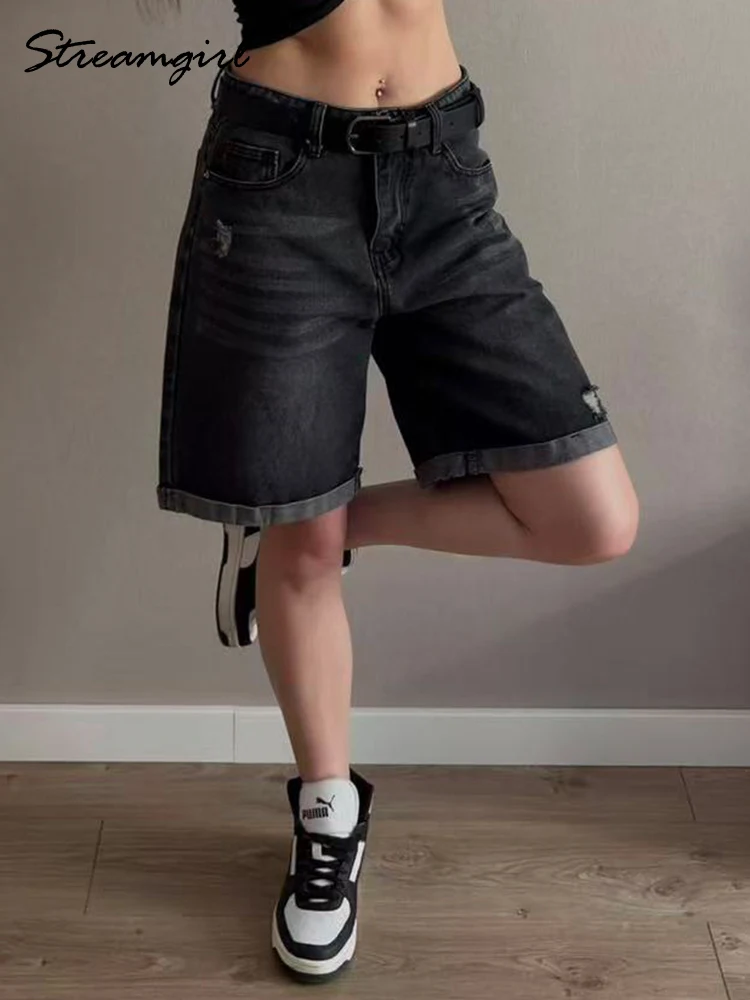 

Summer Ripped Denim Shorts Women Long High Waist Straight Leg Broken Short Jeans For Ladies Black Hole Jean Shorts Women Ripped