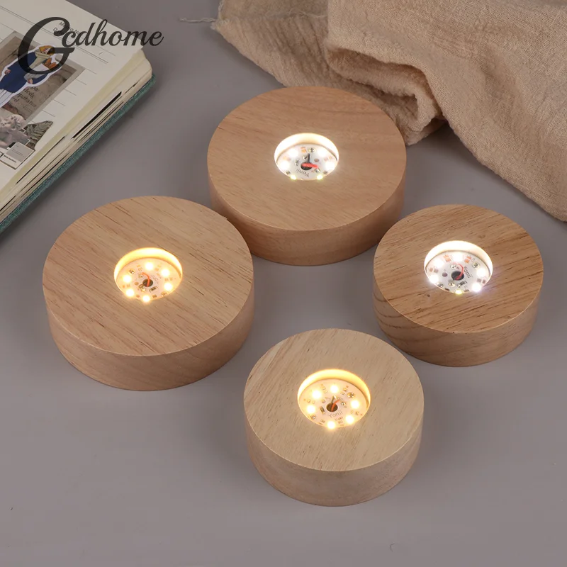 Battery Operated 8/10cm Round Wooden LED Light Dispaly Base Stand Holder able Night Lamp Base Crystal Glass Resin Art Ornaments